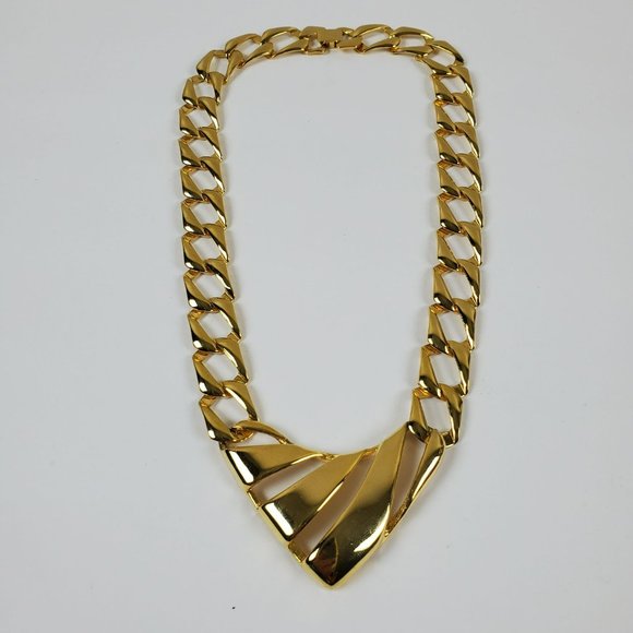 Vintage Chunky Gold Tone Curb Square Chain Link Bib V Pendant Statement Necklace - Picture 2 of 9
